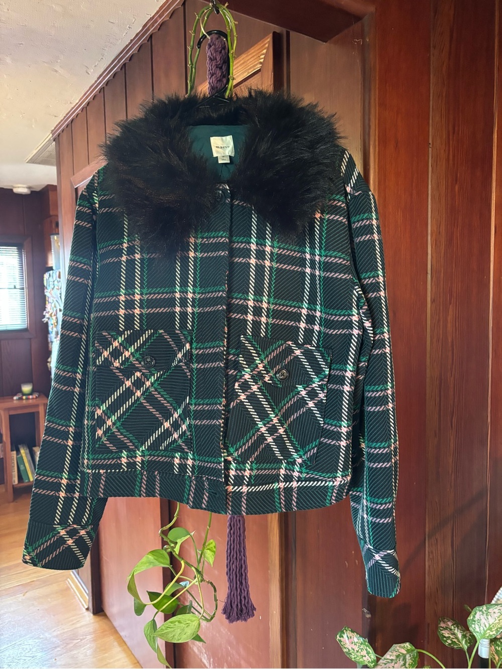 Anthropologie Maeve Plaid Green Faux-Fur Collar Jacket